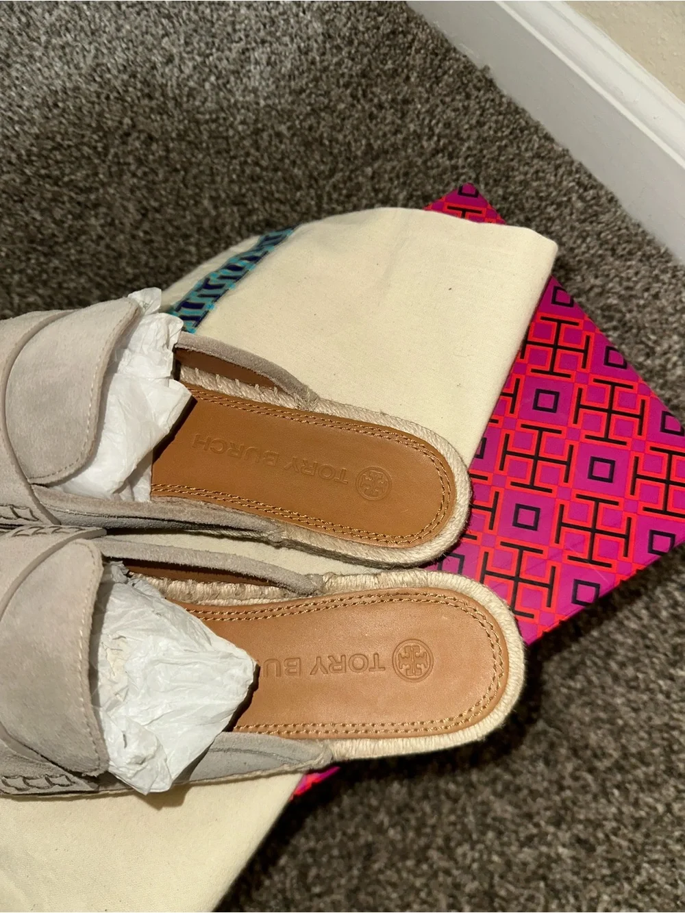 Tory Burch Light Taupe Suede Backless Loafers with Gold Logo